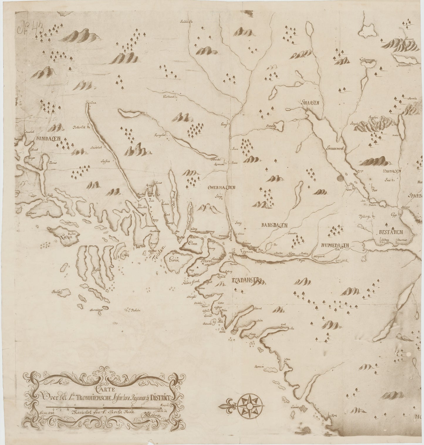 Kartblad 71a vest: Carte over det 1. Trondhiemsche Regiment tillige med de 3 Nordenfi: Skieløber Compagniers Situation; kopi vestre del: Nord-Trøndelag