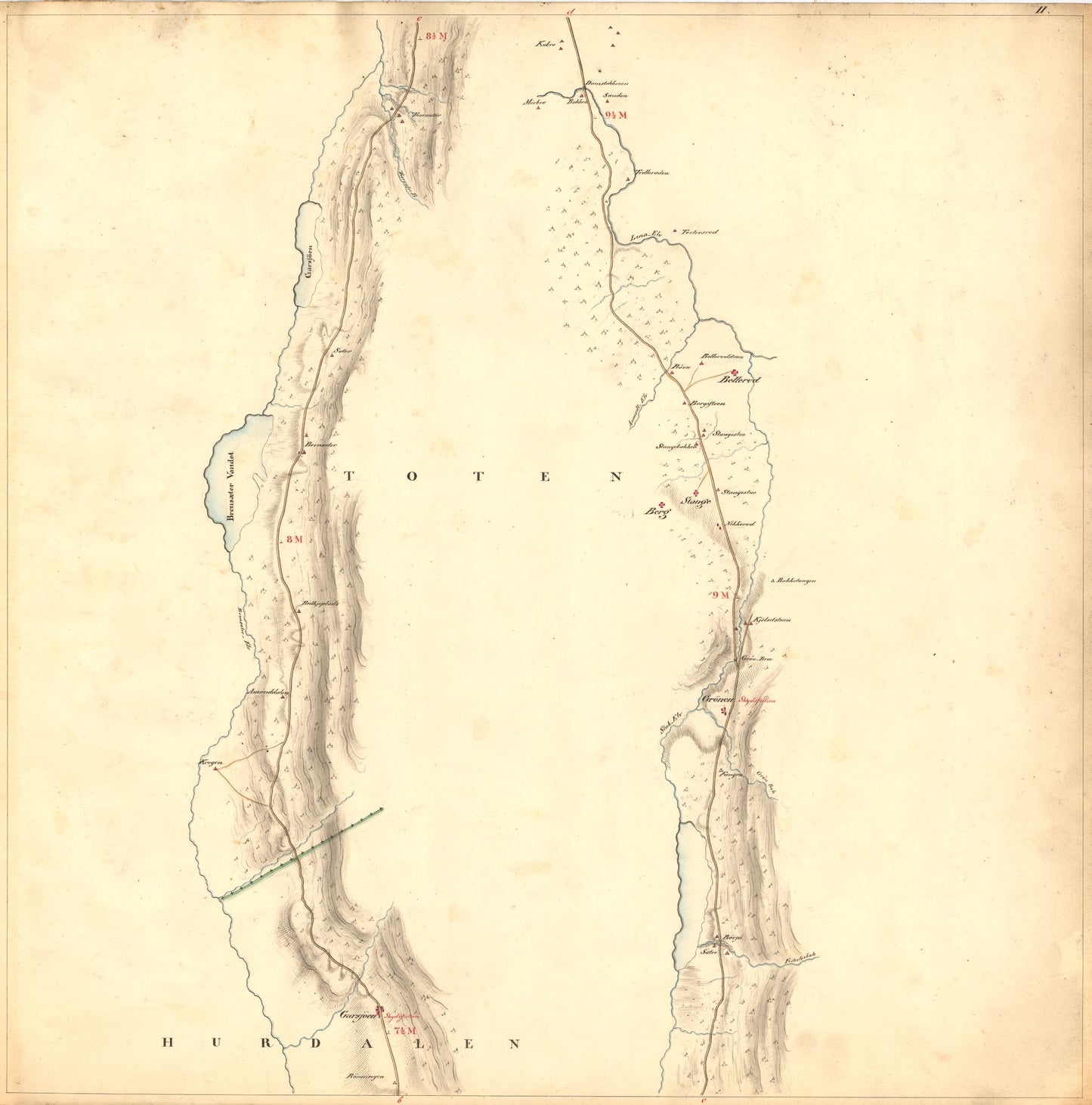 Kartblad 2: Kart over Veien fra Eidsvold igjennm Hurdalen; Toten; Vardal; Biri; Faaberg og Gausdal til Skydsstationen Holmen i Øyer i Gulbrandsdalen: Akershus | Oppland