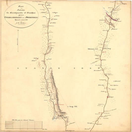 Kartblad nr 1: Kaart over Postveien fra Korsødegaarden til Trondhjem igjennom Gulbrandsdalen over Dovrefjeld: Hedmark