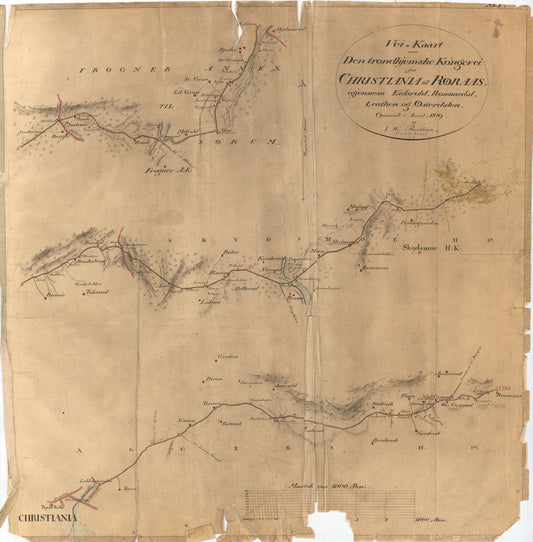Kartblad I: Vei-kaart over den trondhjemske Kongevei fra Christiania til Røraas gjennom Eidsvold; Rommedal; Levthen og Østerdalen: Akershus | Oslo