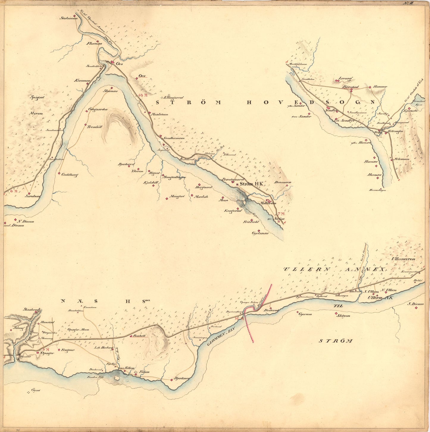 Kartblad II: Kart over Postveien fra Gaarden Kløften i Ullensager Sogn om Magnor til Rigsgrændsen: Akershus