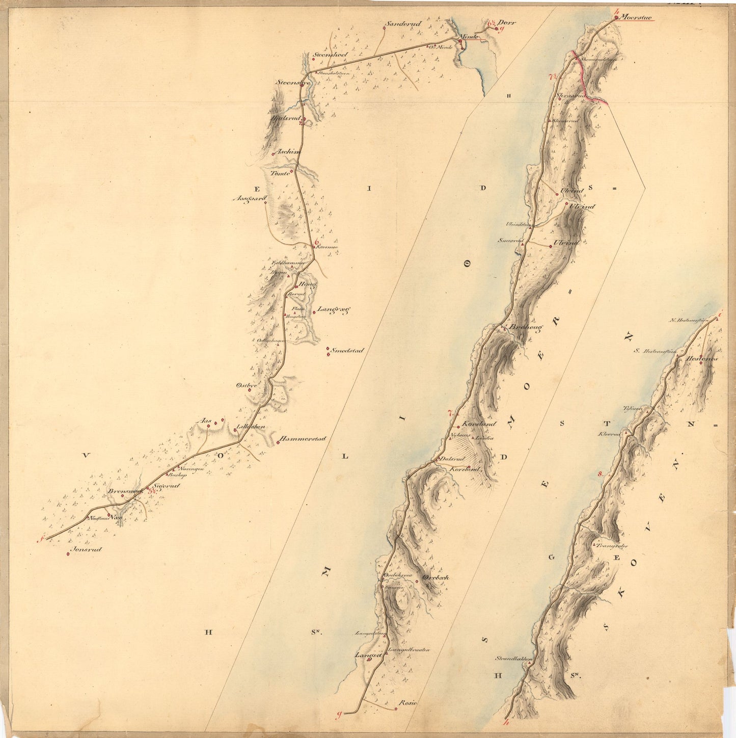 Kartblad III: Vei-kaart over den trondhjemske Kongevei fra Christiania til Røraas gjennom Eidsvold; Rommedal; Levthen og Østerdalen: Akershus