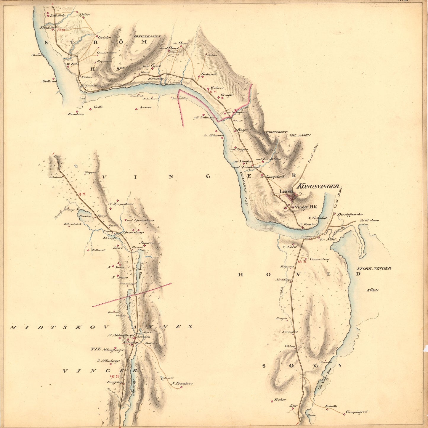 Kartblad III: Kart over Postveien fra Gaarden Kløften i Ullensager Sogn om Magnor til Rigsgrændsen: Hedmark