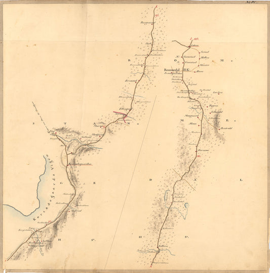 Kartblad IV: Vei-kaart over den trondhjemske Kongevei fra Christiania til Røraas gjennom Eidsvold; Rommedal; Levthen og Østerdalen: Hedmark