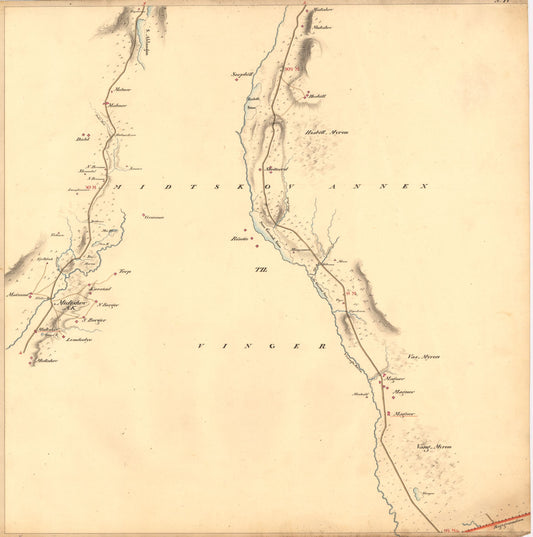 Kartblad IV: Kart over Postveien fra Gaarden Kløften i Ullensager Sogn om Magnor til Rigsgrændsen: Hedmark