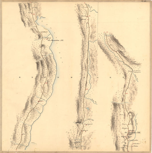 Kartblad IX: Vei-kaart over den trondhjemske Kongevei fra Christiania til Røraas gjennom Eidsvold; Rommedal; Levthen og Østerdalen: Hedmark