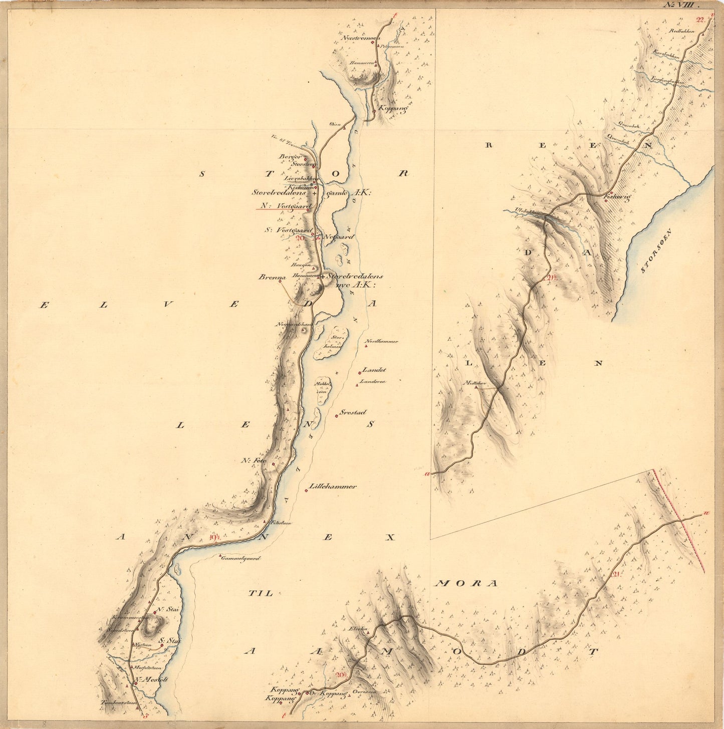 Kartblad VIII: Vei-kaart over den trondhjemske Kongevei fra Christiania til Røraas gjennom Eidsvold; Rommedal; Levthen og Østerdalen: Hedmark