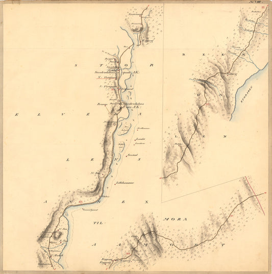 Kartblad VIII: Vei-kaart over den trondhjemske Kongevei fra Christiania til Røraas gjennom Eidsvold; Rommedal; Levthen og Østerdalen: Hedmark