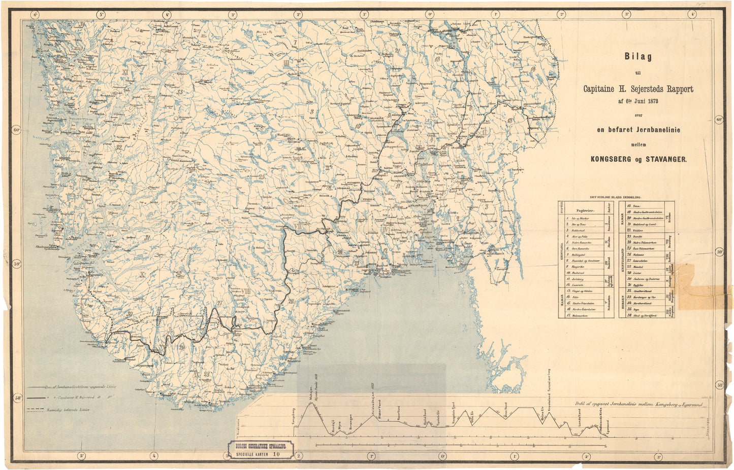 Kart over en befaret Jernbanelinie mellem Kongsberg og Stavanger: Norge