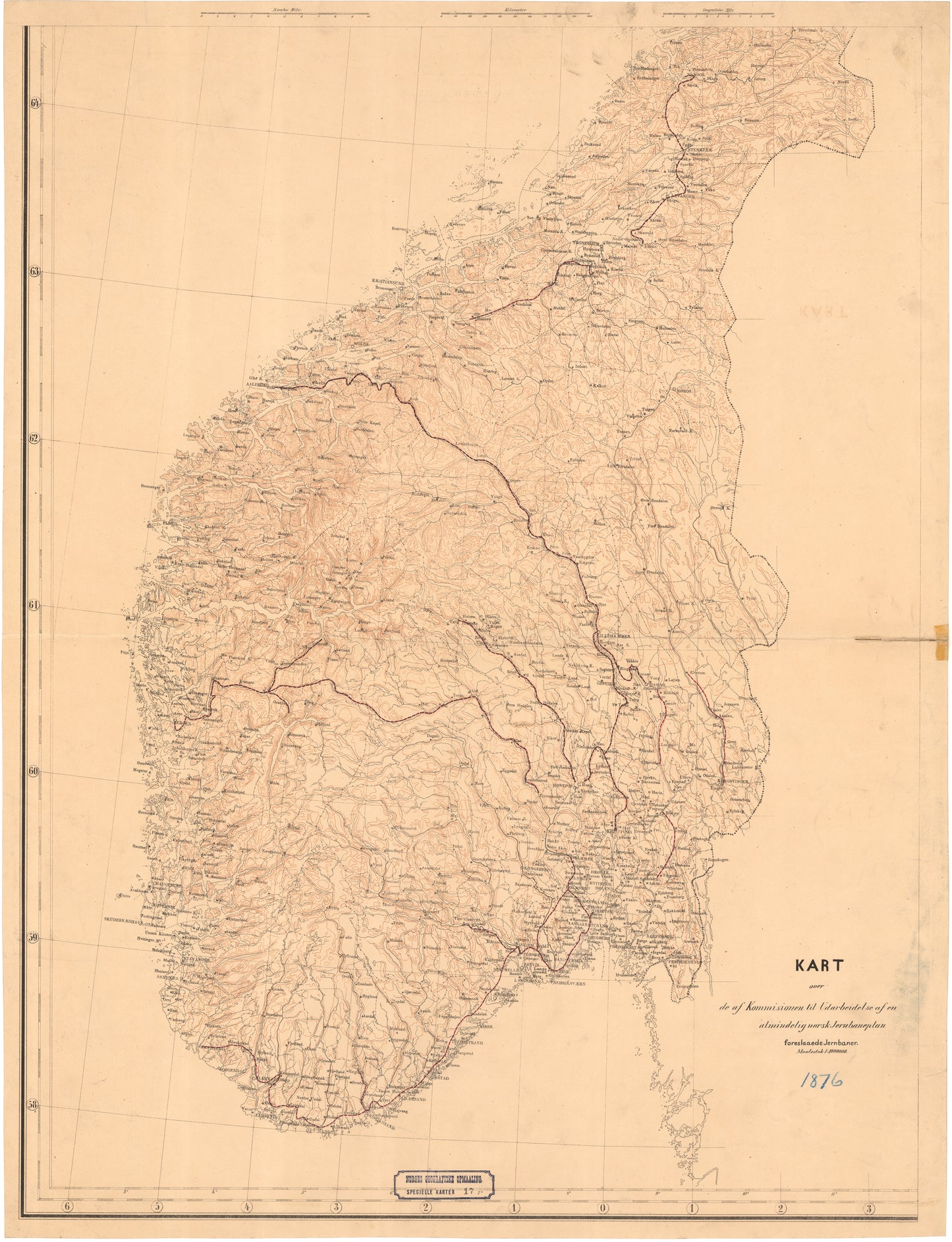 Kart over de af Kommissionen til Udarbeidelse af en almindelig norsk Jernbaneplan foreslaaede jernbaner.: Norge