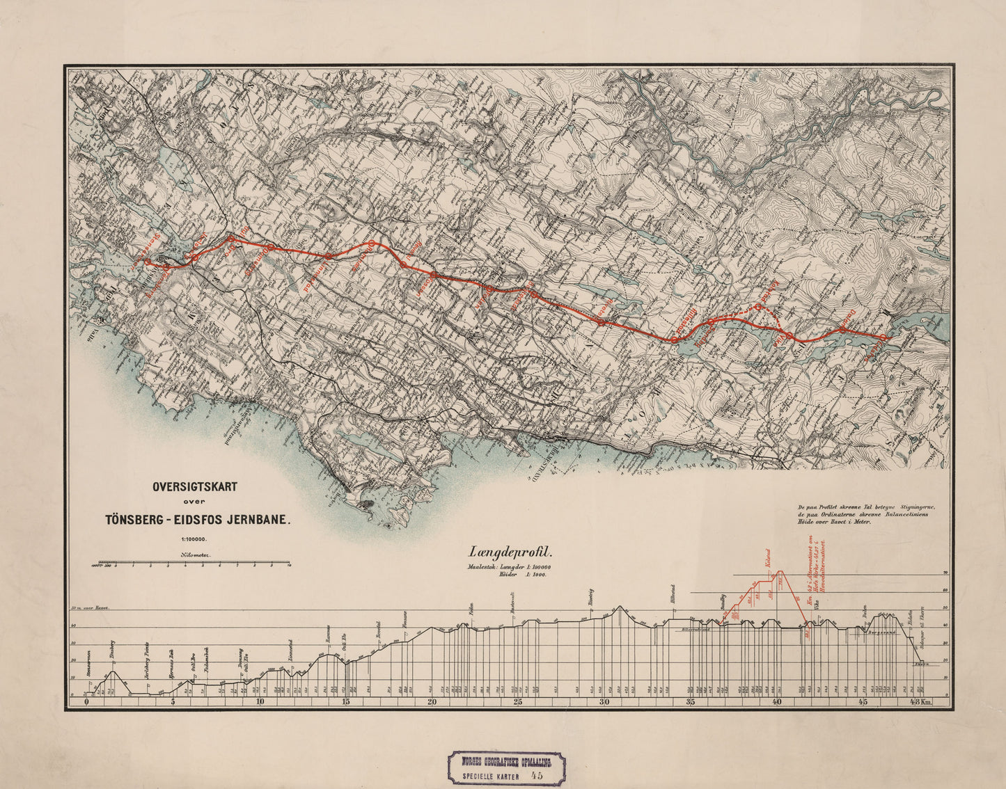 Oversigtskart over Tønsberg - Eidsfos Jernbane: Vestfold